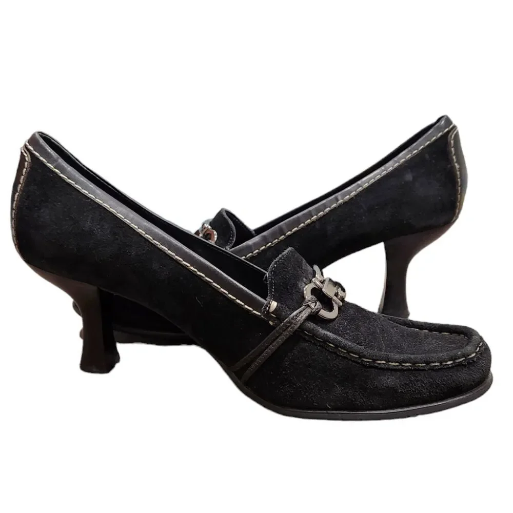 Franco Sarto Black Suede Round Toe Pump Leather Heels Size 10M